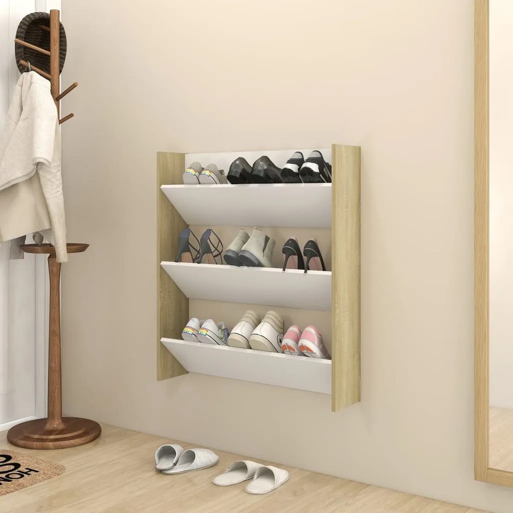 vidaXL Sapateira de parede 80x18x90cm contrapl. branco/carvalho sonoma
