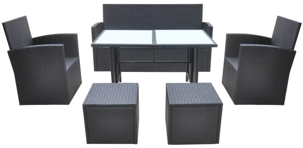6 pcs conjunto jantar exterior com almofadões vime PE preto