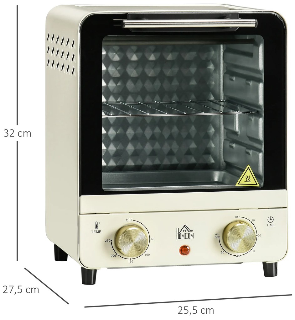 HOMCOM Mini Forno Elétrico 15 Litros 1000W Forno com Temperatura até 230°C Temporizador 60 Minutos Bandeja e Grade 25,5x27,5x32cm Creme