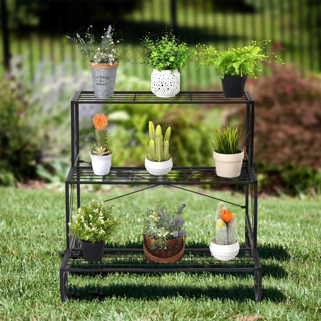 Prateleira de plantas de metal de 3 camadas para vasos, prateleira de escada para flores no pátio, jardim, varanda, 74 x 66 x 70 cm