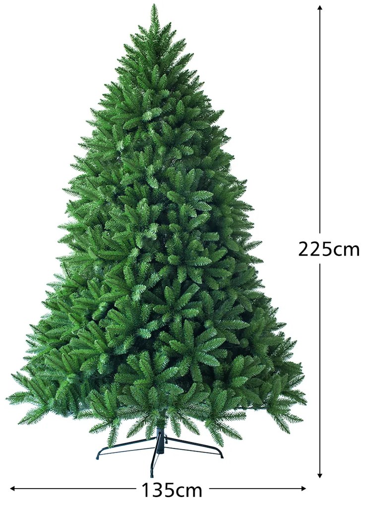 Árvore de Natal de 2,25 m sem iluminação com 1968 ramos artificial com base metálica resistente Verde