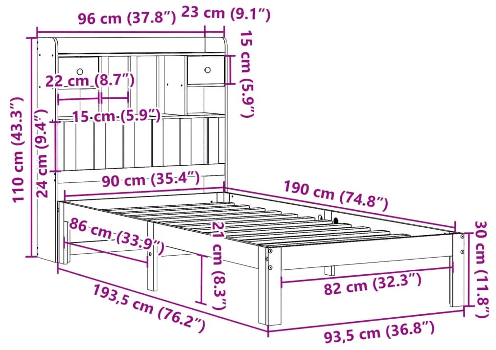 Cama com estante sem colchão 90x190cm pinho maciço castanho-mel