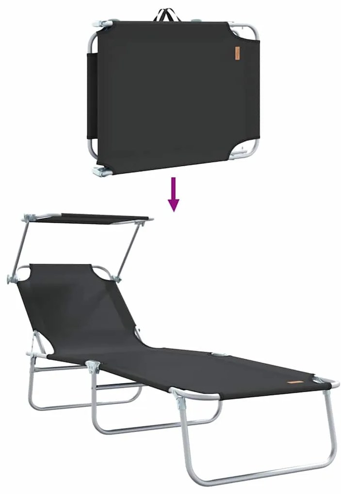 Espreguiçadeiras Dobráveis 2 pcs com Teto Preto Tecido Oxford 600D