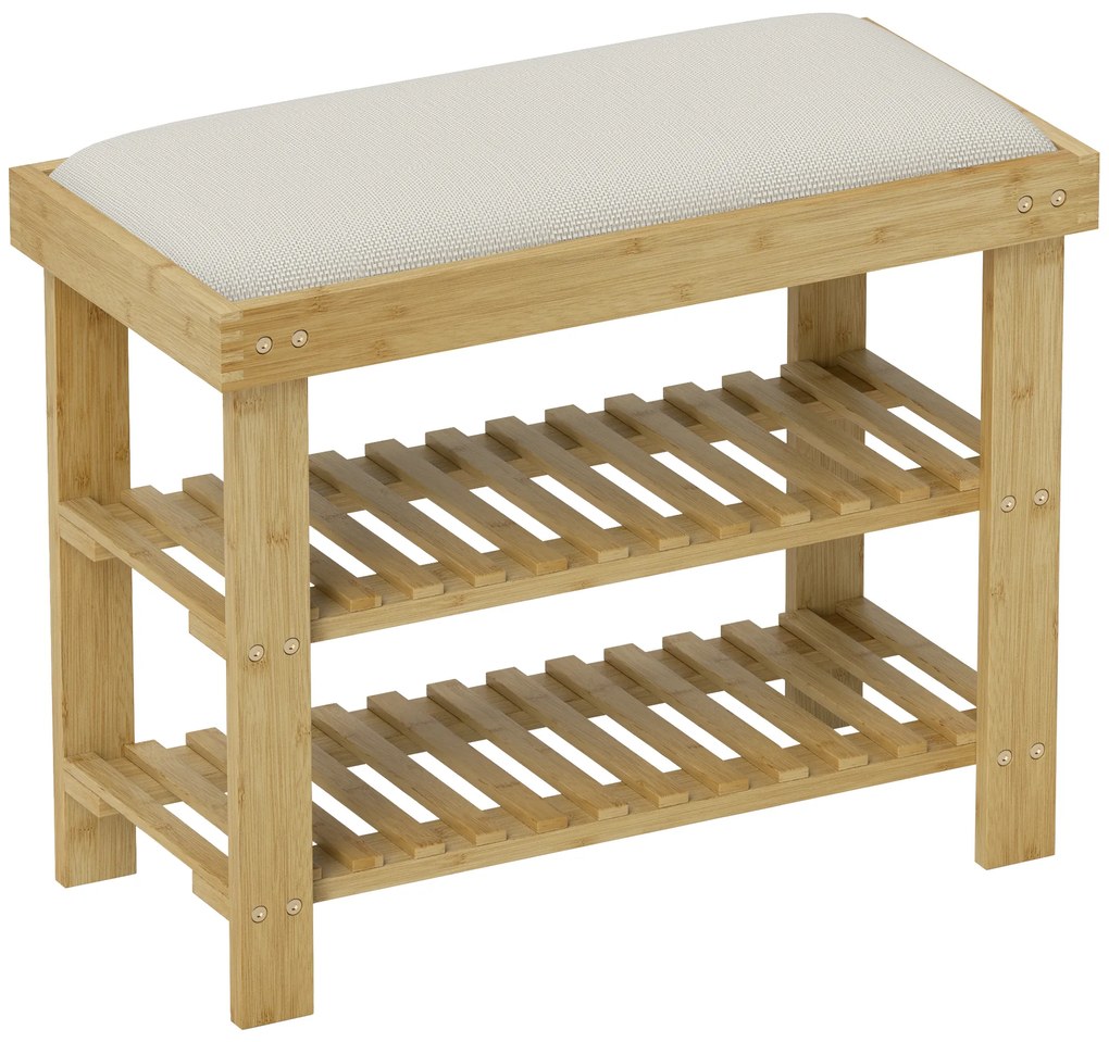 Banco Sapateira de Bambu Sapateira com Assento Almofadado 2 Prateleiras para 6 Pares de Sapatos 60x29x49 cm Madeira e Creme