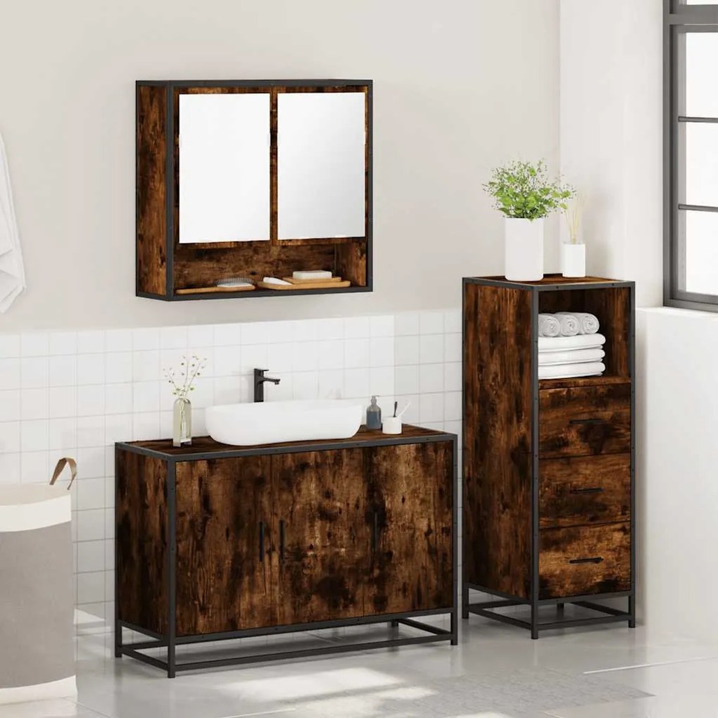 3 pcs conjunto de móveis WC madeira processada carvalho fumado