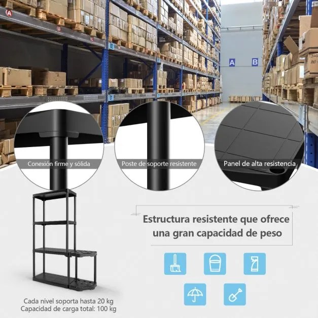 Estante de garagem, armazem de 4 níveis com organizador de ferramentas em PP (polipropileno) 89 x 30 x 133 cm Preto