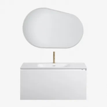 Conjunto De Móvel De Casa De Banho Suspenso Em Madeira Com Lavatório Integrado Macrae Branco & Oval Led E Anti-embaciamento 100x80 Cm Riben & Dourado
