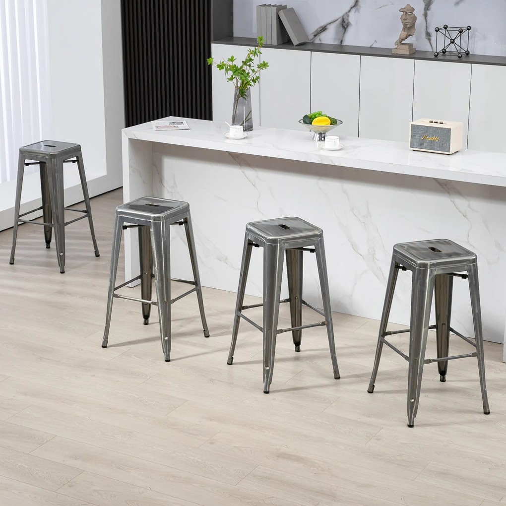 Conjunto de 4 bancos de bar industriais empilháveis (MESA NÃO INCLUIDA), com altura do assento de 76 cm, em metal prateado