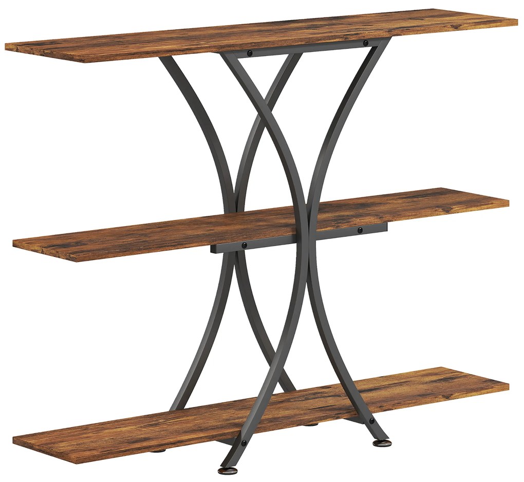 HOMCOM Mesa Consola de 3 Níveis Estilo Industrial com 2 Prateleiras Abertas e Estrutura Metálica em X Consola Estreita 110x30x91 cm Castanho Rústico | Aosom Portugal