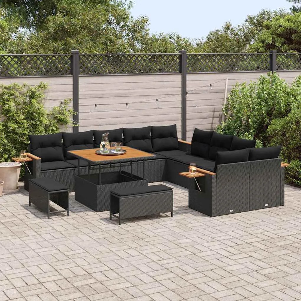 Conjunto de Sofás de Jardim vidaXL de 13 Peças com Almofadas Preto Pol