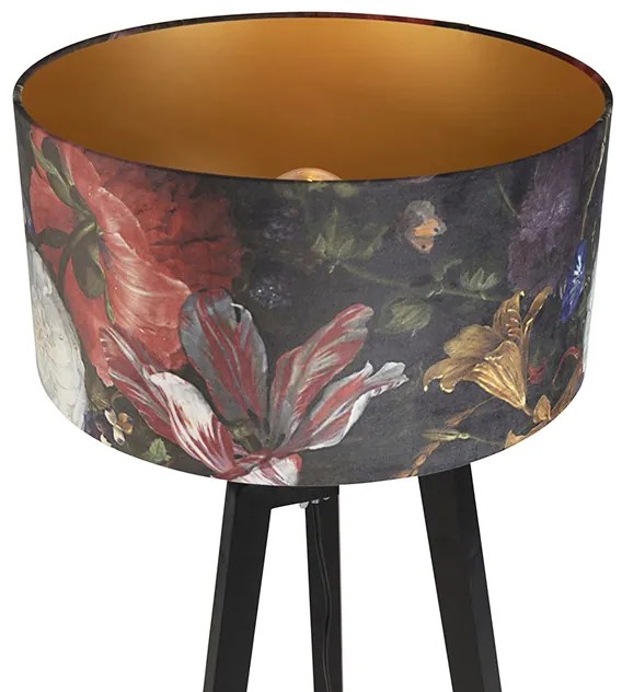Candeeiro de pé tripé preto com cúpula com design floral 50 cm - Puros Clássico / Antigo