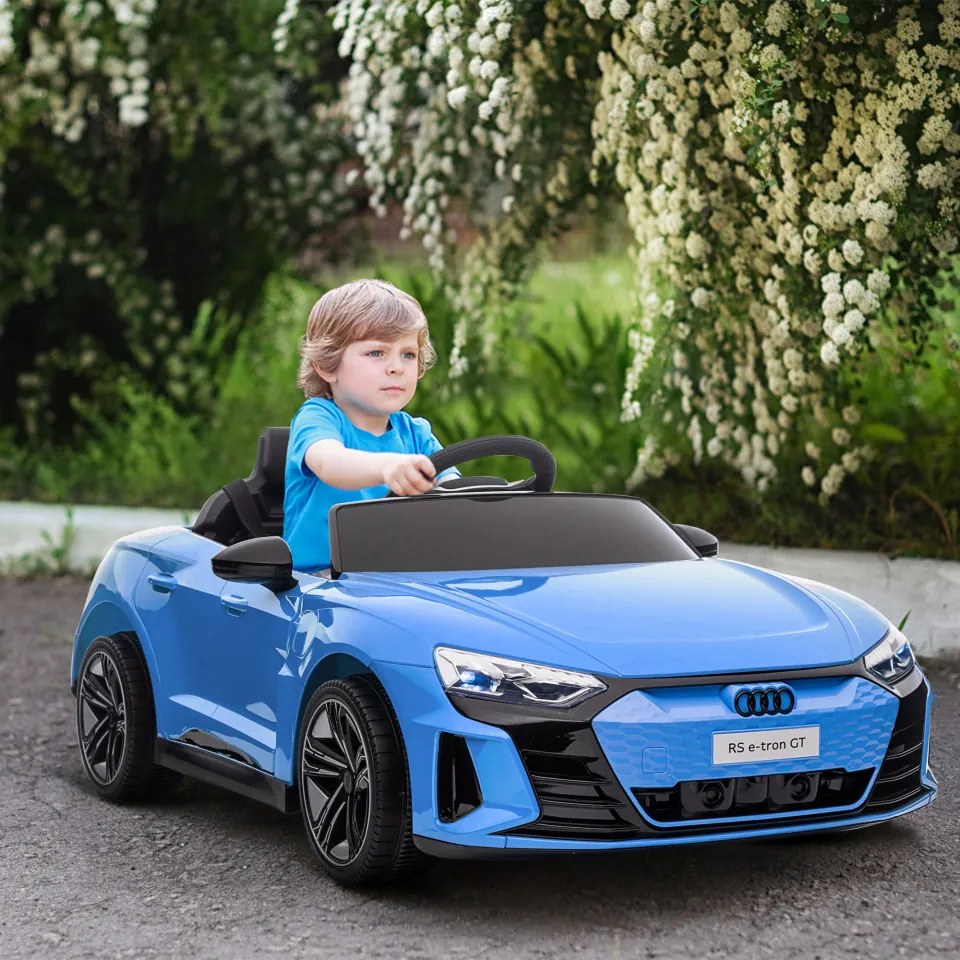 Carro Elétrico AUDI RS E-Tron GT para Crianças de 3-6 Anos Carro de Bateria 12V com 2 Motores Controlo Remoto Faróis LED Buzina Música USB e Abertura de Porta 3-5km/h 103x58x41cm Azul