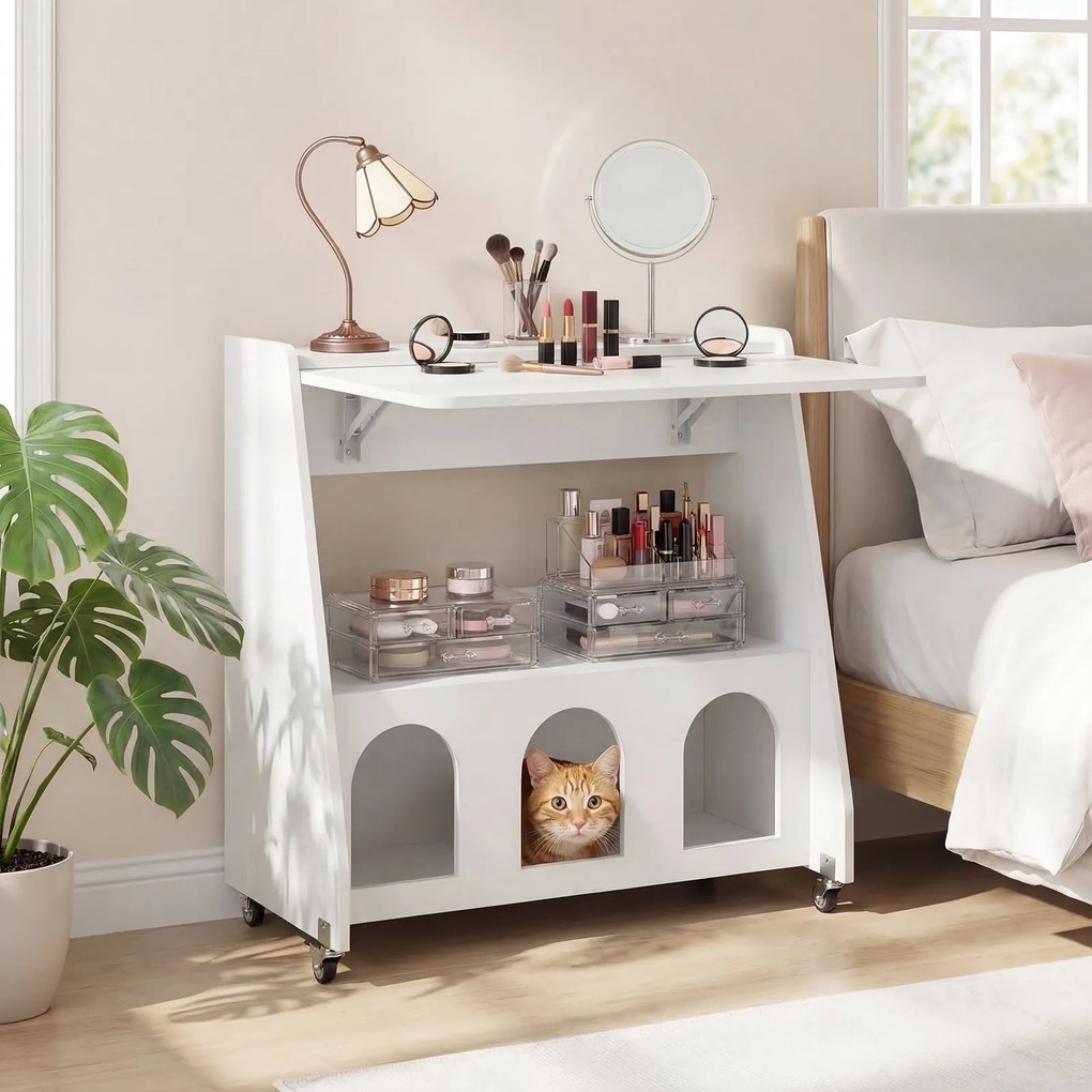 Secretária para Computador com Rodas, 78,5 x 57,5 x 80 cm, Ala Lateral Dobrável, Branco