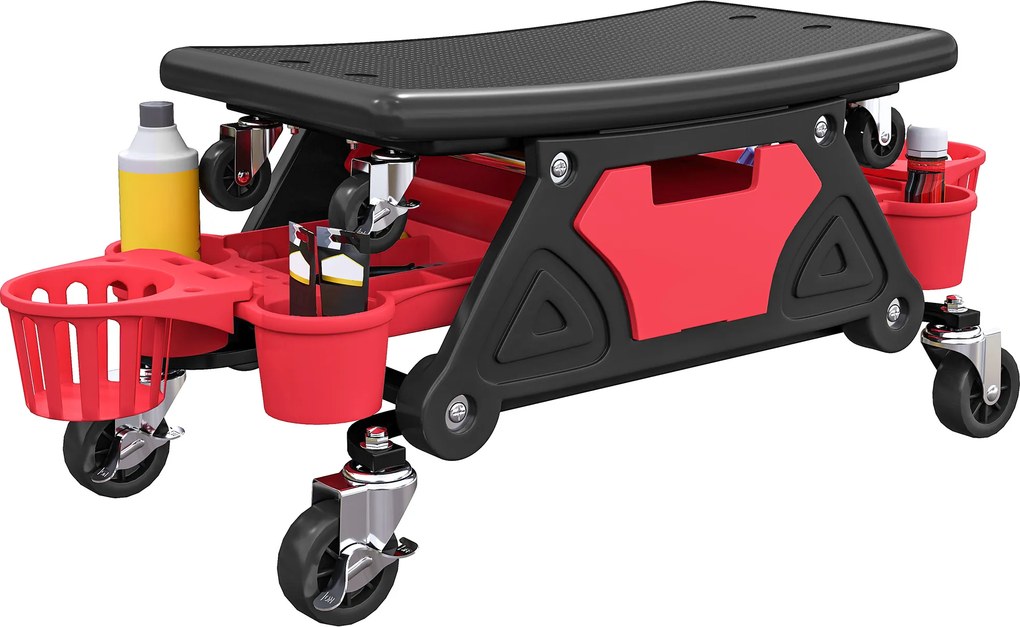 Banco de oficina móvel com capacidade para 135 kg, banco de mecânico com rodas e rotação de 360°, com prateleiras, 86 x 33 x 33 cm, vermelho
