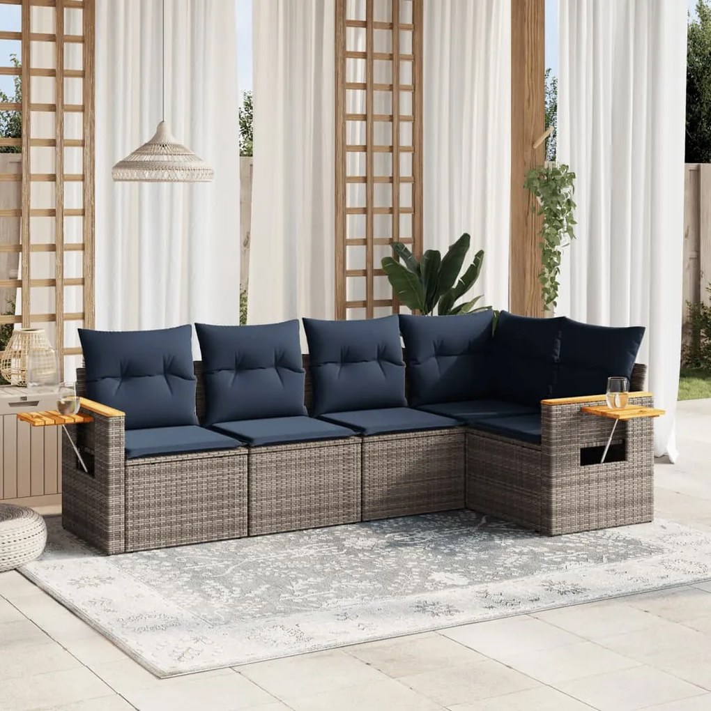 5 pcs conjunto sofás p/ jardim c/ almofadões vime PE cinzento
