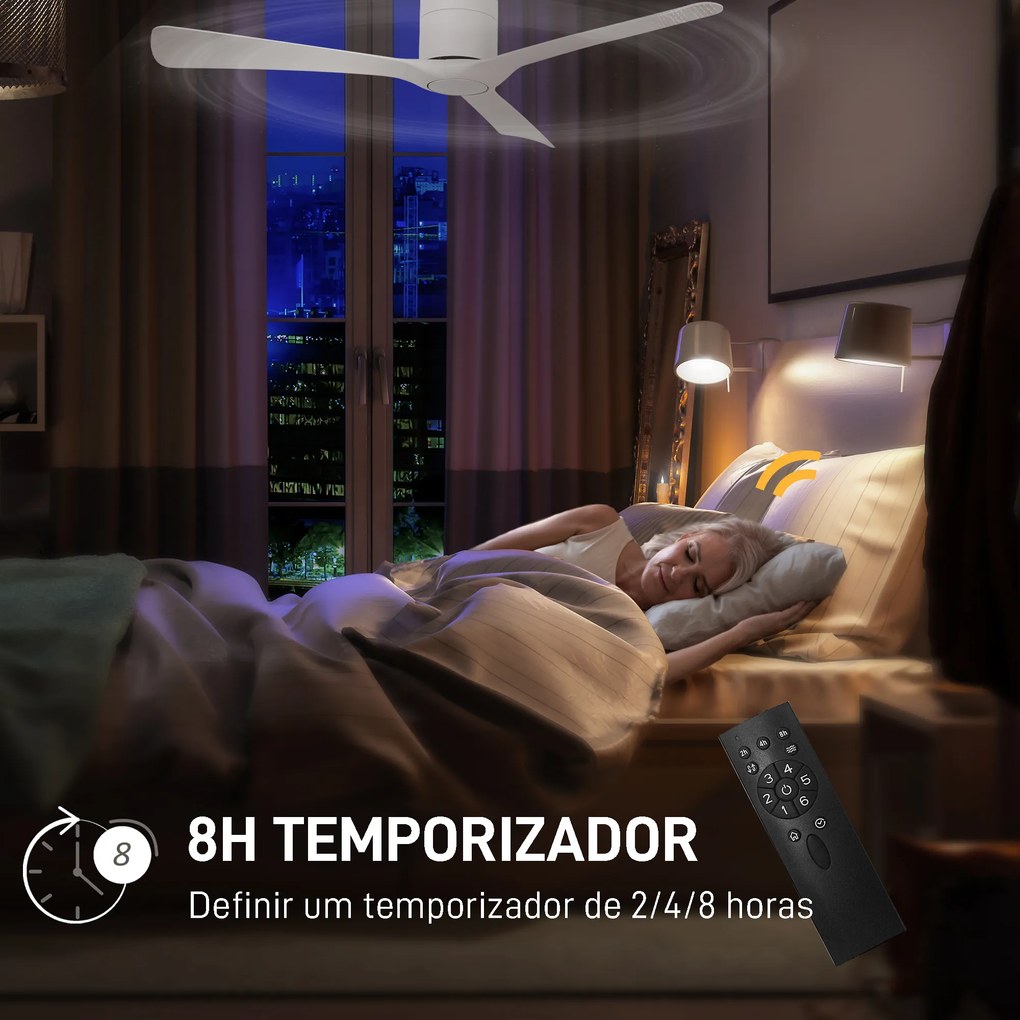 Ventoinha de Teto Silencioso 29W com Controlo Remoto Ø129 cm com 3 Lâminas Reversíveis 6 Velocidades e Temporizador Branco