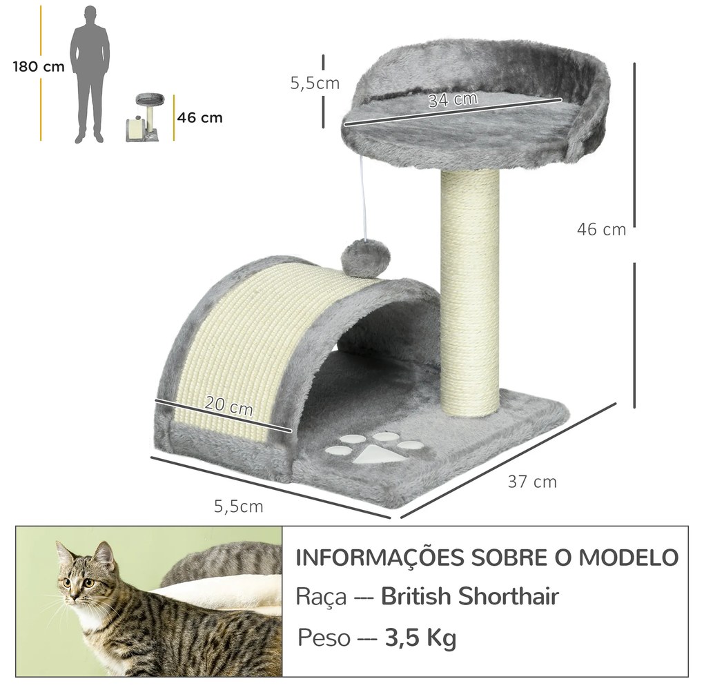 Arranhador para Gatos de 2 Níveis com Poste e Tapete de Arranhar Cama e Bola Suspensa 35,5x37x46 cm Cinza