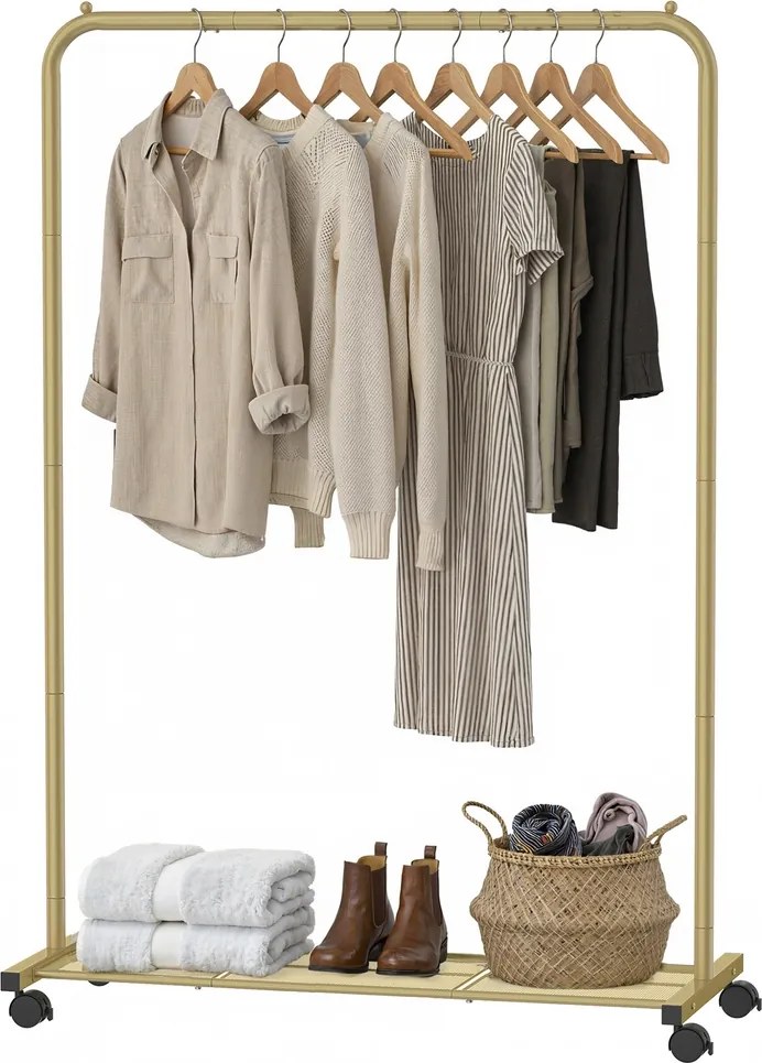 Guarda roupa aberto com rodas 40,5 x 91 x 158 cm, cabide com prateleira, 2 rodas com travão dourado