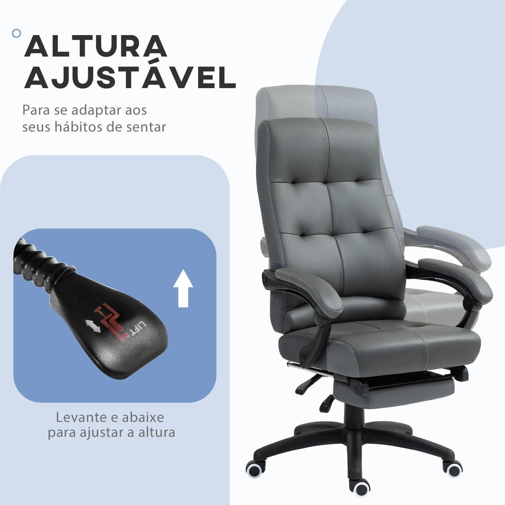 Cadeira de Escritório Ergonómica Giratória Reclinável Estofada em PU com Altura Ajustável 65x65x118-125 cm Cinza Escuro