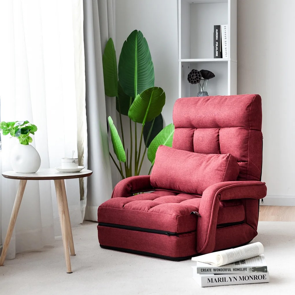 Sofá Cama de Chão individual dobrável com almofada multifuncional para quarto Sala de estar Varanda 67 x 65 x 72 cm Vermelho