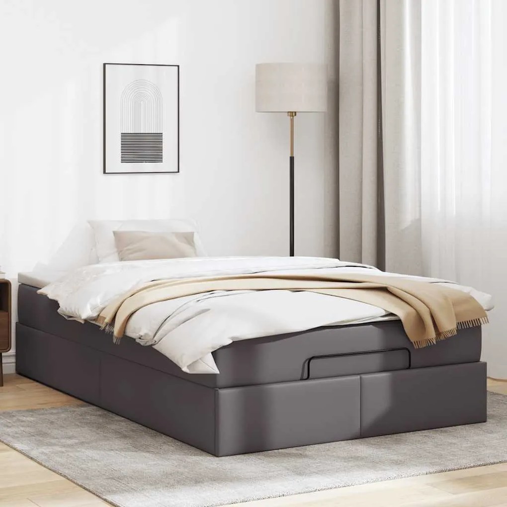 Estrutura de cama otomana com colchão cinza couro falso