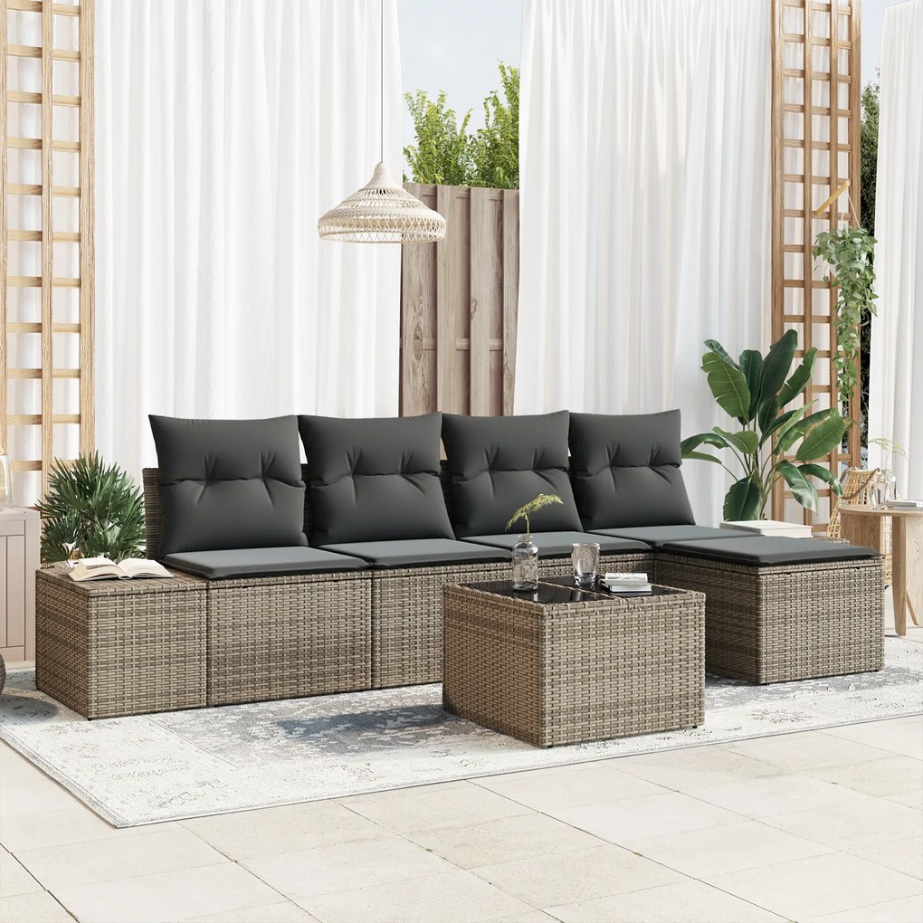 vidaXL Conjunto de Sofá de Jardim de 5 Peças com Almofadas em Polirattan Preto