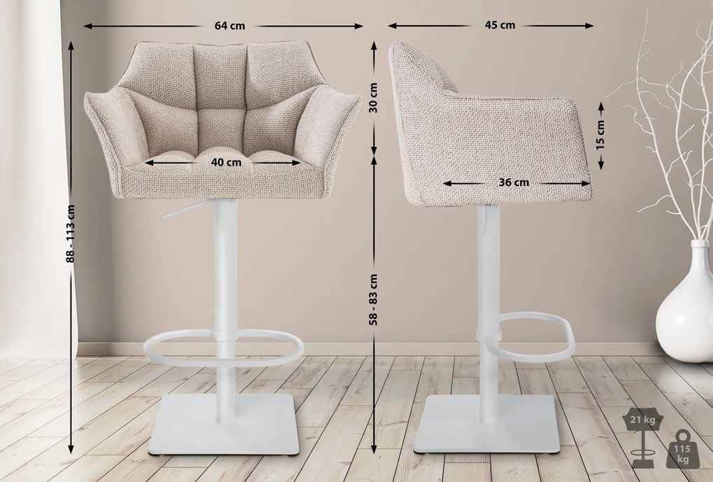 Banco de bar Damaso em tecido e com estrutura branca 64 x 88-113 x 45 cm Bege marfim