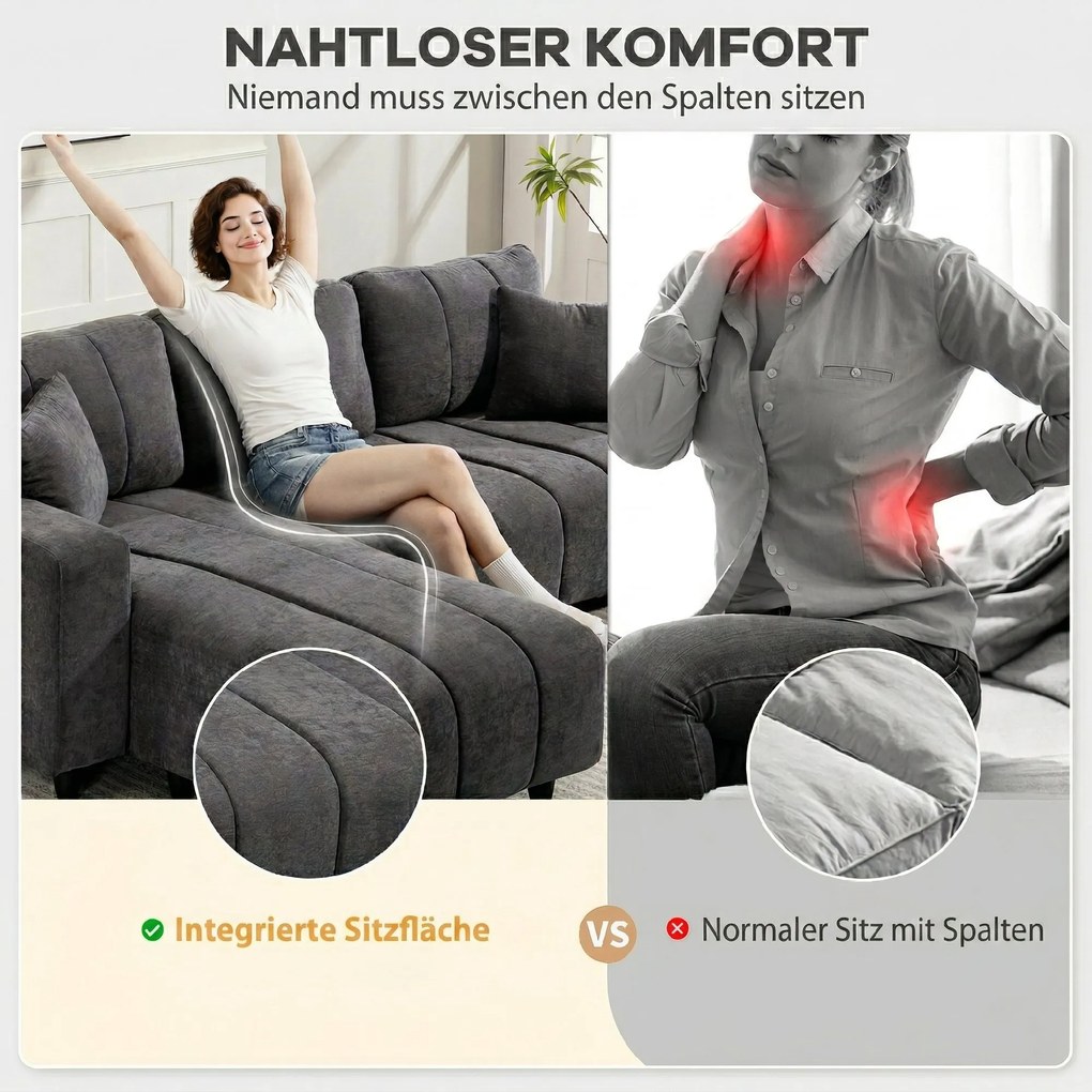 Sofá Chaise Longue Reversível 3 Lugares com 2 Almofadas Estofado em Linho e Estrutura em Aço 242x156x87 cm Cinzento Escuro