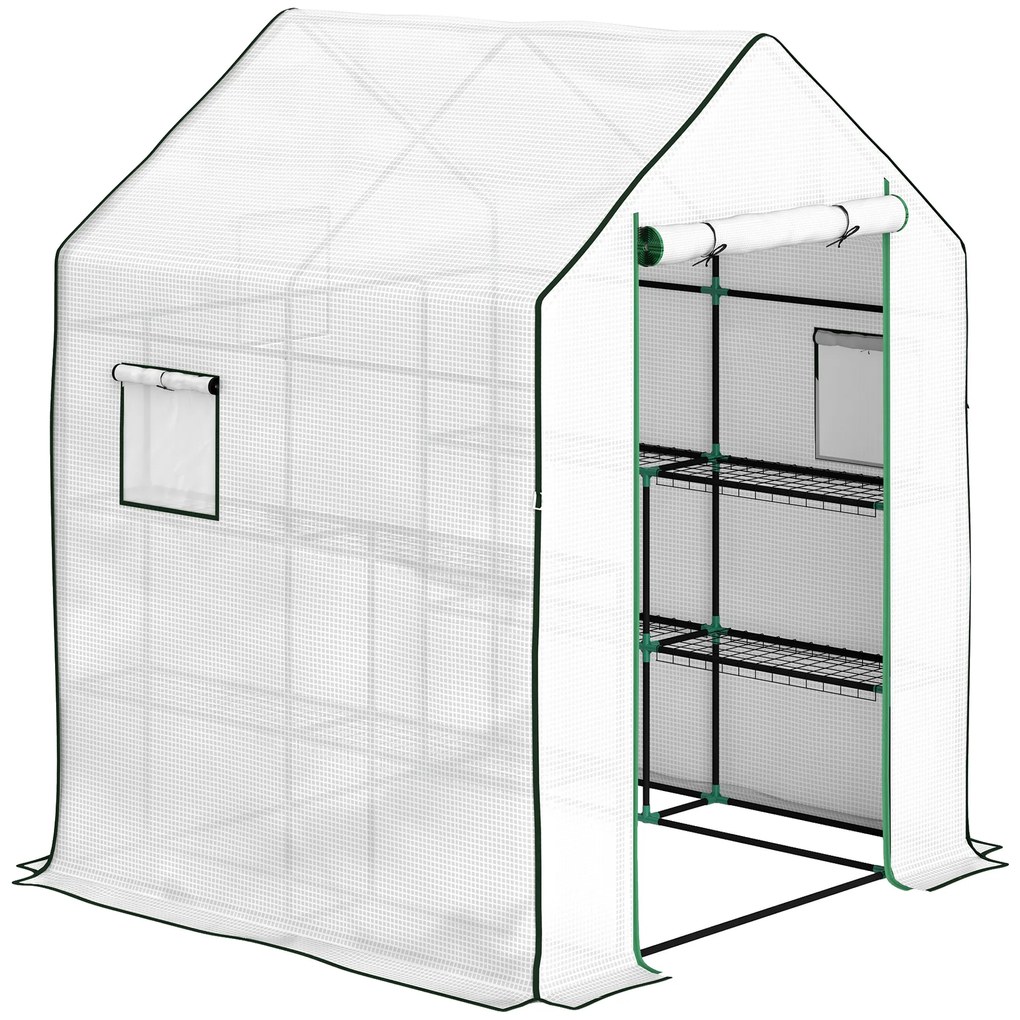 Outsunny Estufa de Jardim Pequena de 3 Níveis com 6 Prateleiras Porta Enrolável e Capa de PE 140x143x190 cm Branco | Aosom Portugal