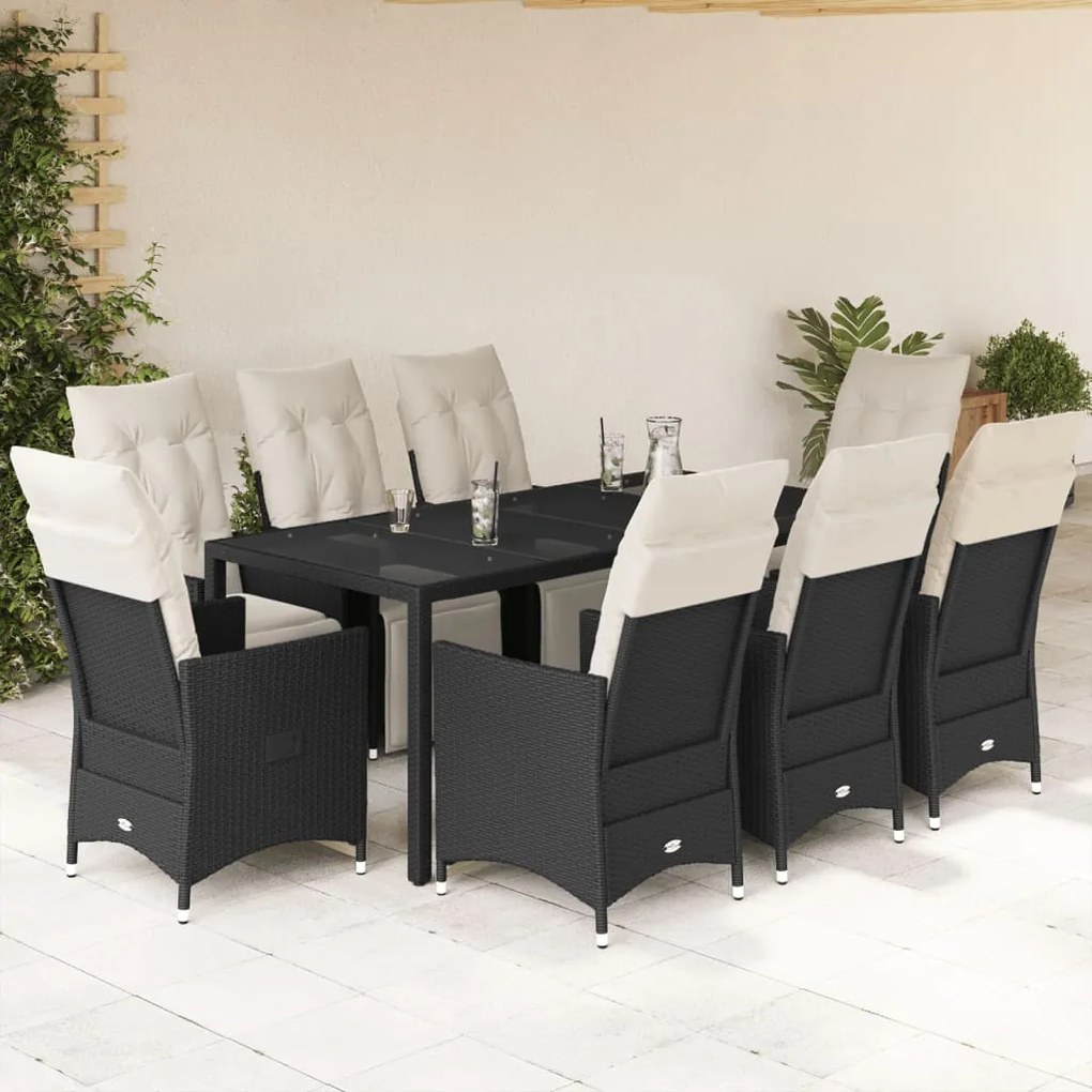 9 pcs conjunto de jantar p/ jardim c/ almofadões vime PE preto