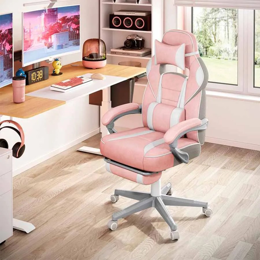 Cadeira Gaming com encosto reclinável e almofada para o apoio de cabeça Rosa pastel + branco creme