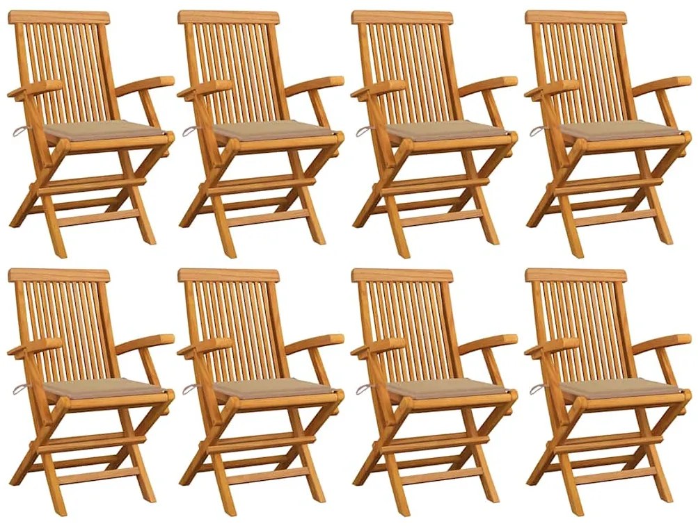 vidaXL Cadeiras de jardim c/ almofadões beges 8 pcs teca maciça