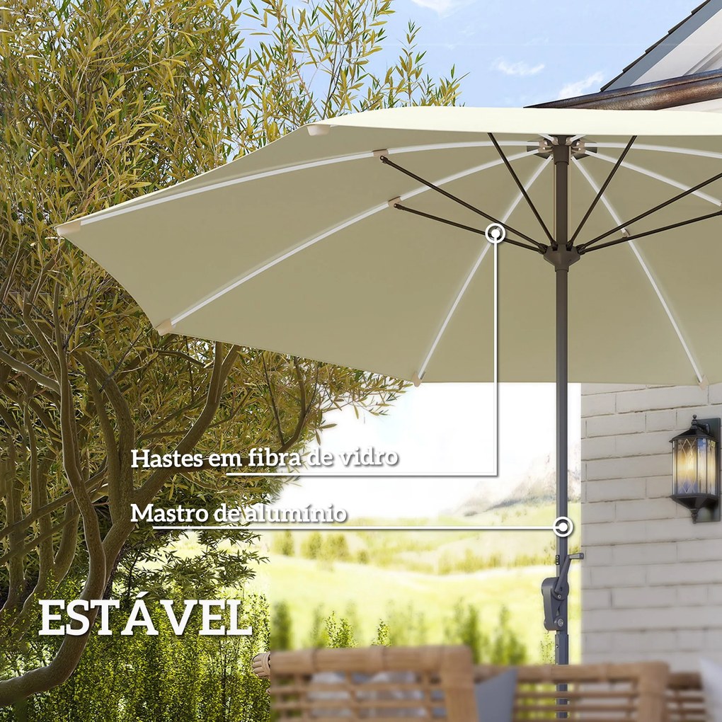 Chapéu de Sol de Jardim com Luzes LED Ø300x256 cm Manivela Proteção UV50+ e Mastro de Alumínio Creme