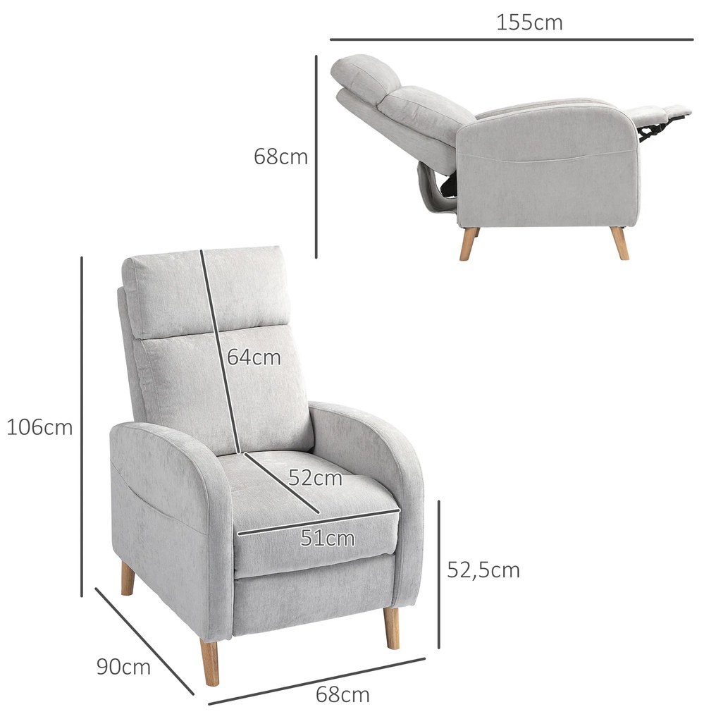 Poltrona Relax Reclinável Manual Estofada em Linho Sintético com Apoio para os Pés e Bolso Lateral 68x90x106 cm Cinza Claro