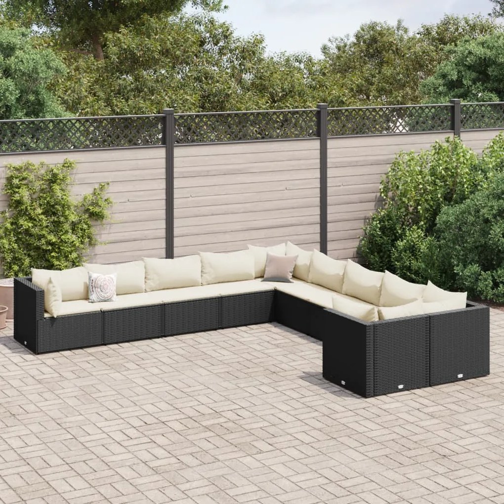 vidaXL 10 pcs conjunto sofás de jardim c/ almofadões vime PE preto