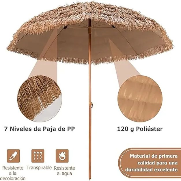 Guarda-sol 243 cm em palha Plastico PP tipo havaiano (BASE NÃO INCLUIDA) com 8 varas dobrável natural