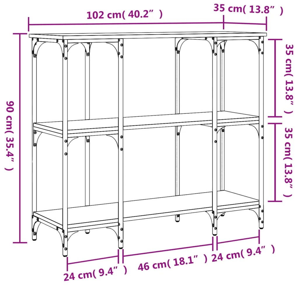 Mesa consola 102x35x90 cm derivados de madeira cinzento sonoma