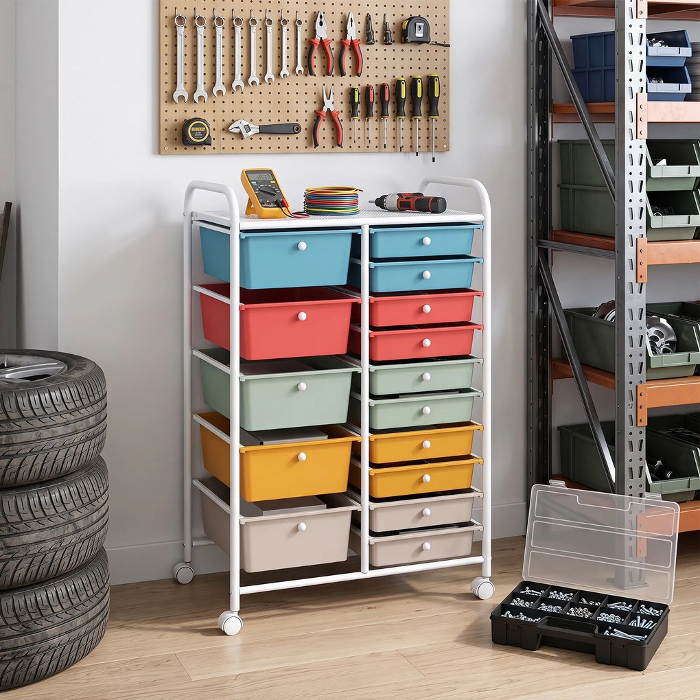 Carrinho de Arrumação Móvel, 63 x 38 x 96 cm, 15 Gavetas, Multicolor