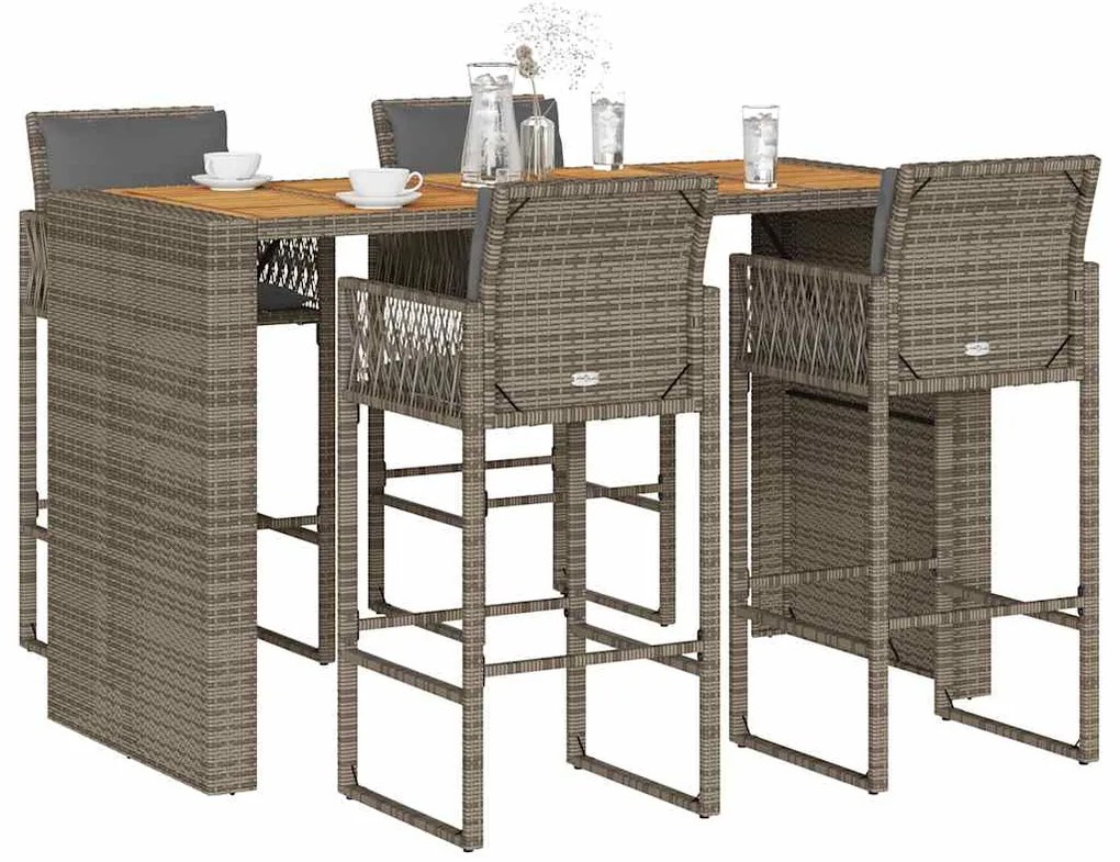 vidaXL 5 pcs conj. de bar jardim c/ almofadões vime PE/acácia cinzento