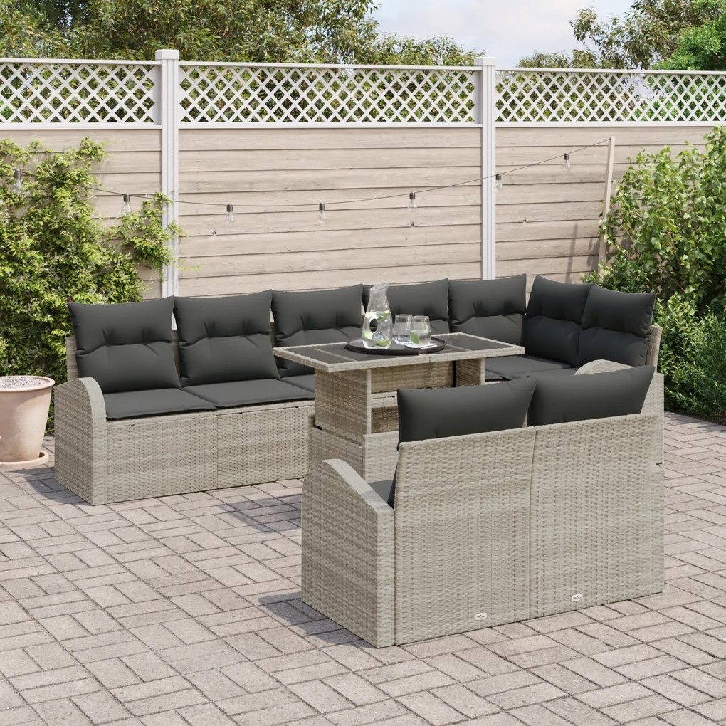 Conjunto de Sofá de Jardim de 9 Peças com Almofadas Cinza Claro em Vim