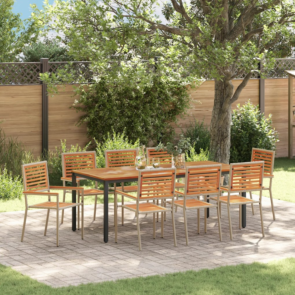 Conjunto de Jantar para Jardim vidaXL 9 Peças Vime Bege Acácia