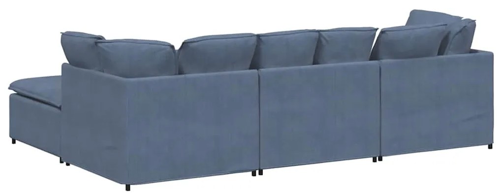 Sofá modular com pufes e almofadas tecido corduroy azul