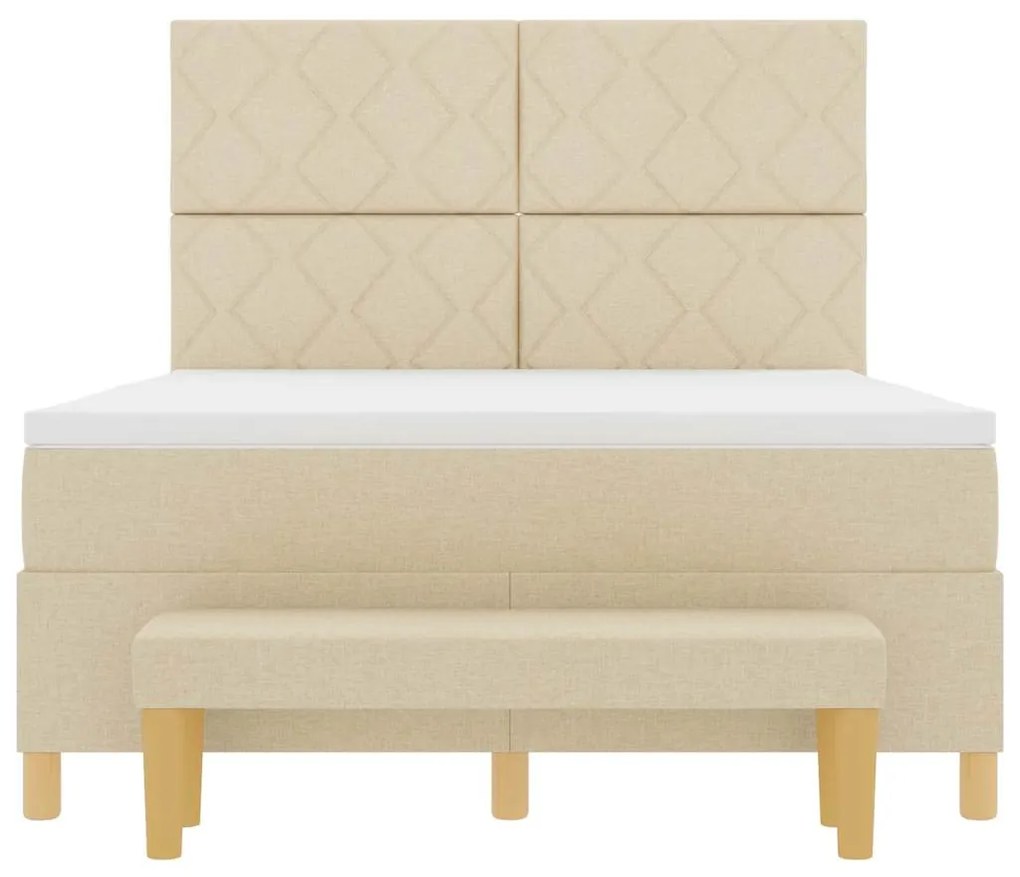 Cama Box Spring com Colchão &amp; Banco Creme 140x200 cm Tecido