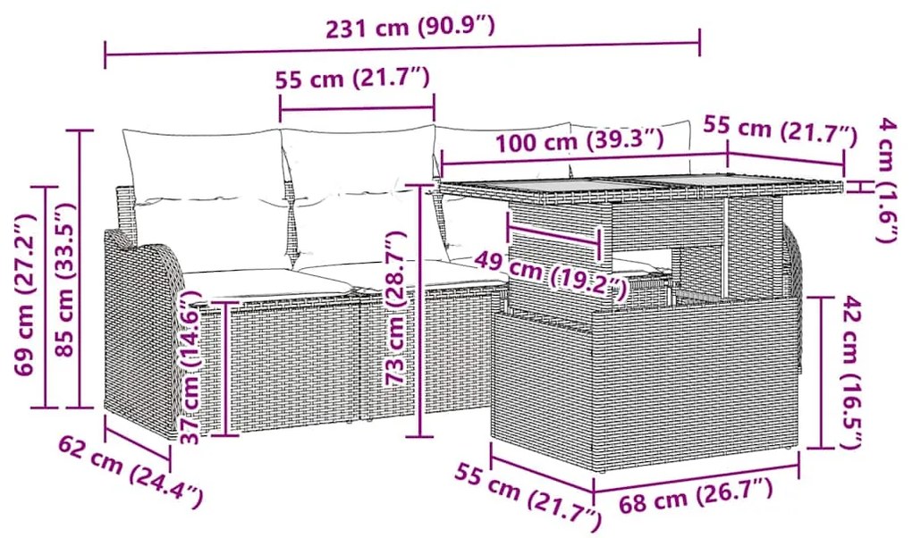 Conjunto de Sofá de Jardim 5 Peças com Almofadas Pretas em Rattan e Ac