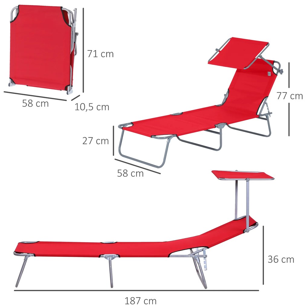 Espreguiçadeira de Jardim Dobrável com Toldo Removível e Ajustável  e Encosto Ajustável 187x58x36 cm Vermelho