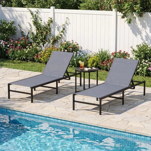 Conjunto de 2 Espreguiçadeiras de Exterior, 64 x 198 x 67-103 cm, Encosto Ajustável em 6 Níveis, Cinzento