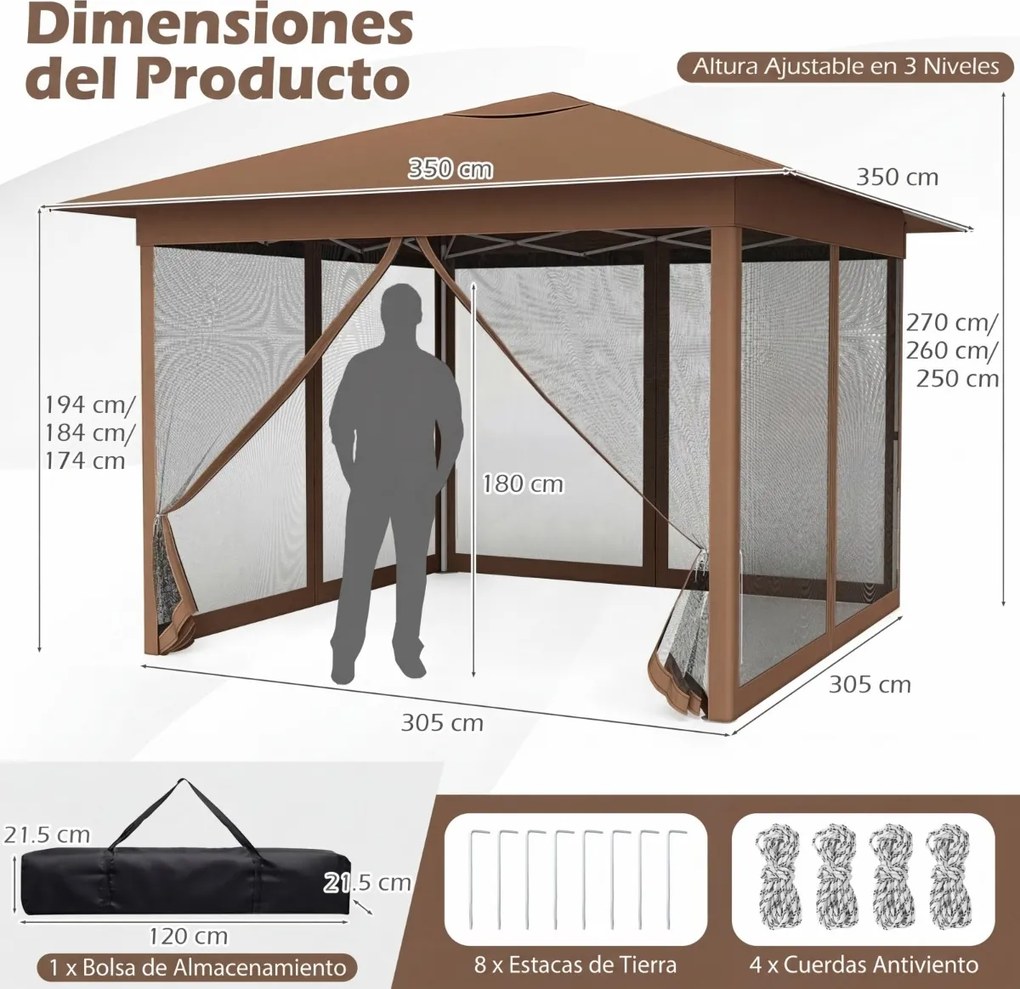 Tenda dobrável para exterior 350 x 350 x 250 cm (C x L x A), 4 paredes, malha, fechos de correr, ventilação superior, proteção solar, saco de transpor