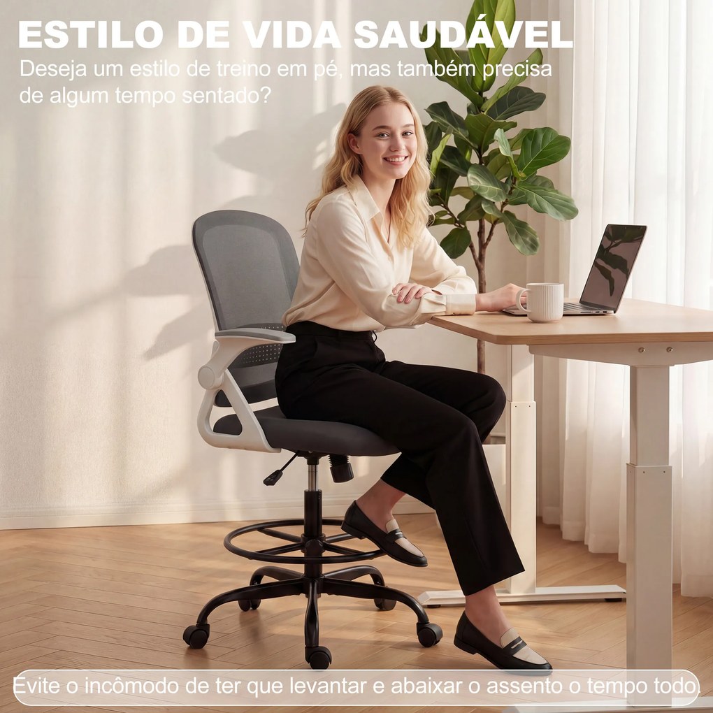 Cadeira de Escritório em Malha Cadeira de Desenho com Apoios de Braços Rebatíveis Altura Ajustável Apoio para os Pés Cinzenta