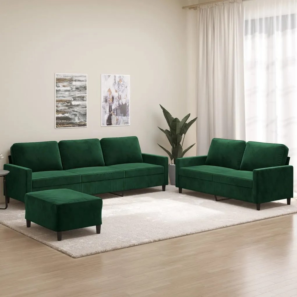 vidaXL 3 pcs conjunto de sofás com almofadões veludo verde-escuro