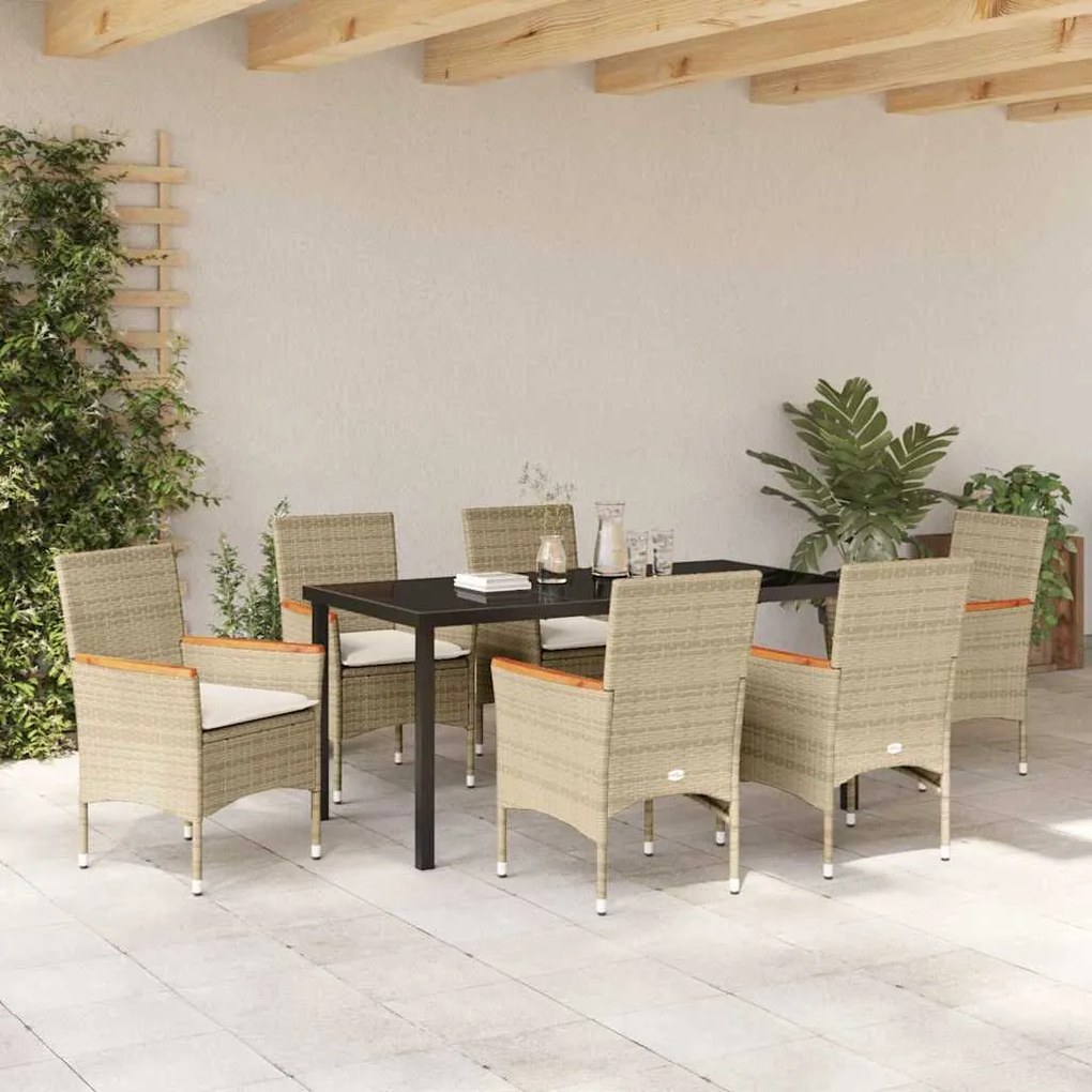Conjunto de Jantar de Jardim com 7 peças e almofadas bege em rattan si